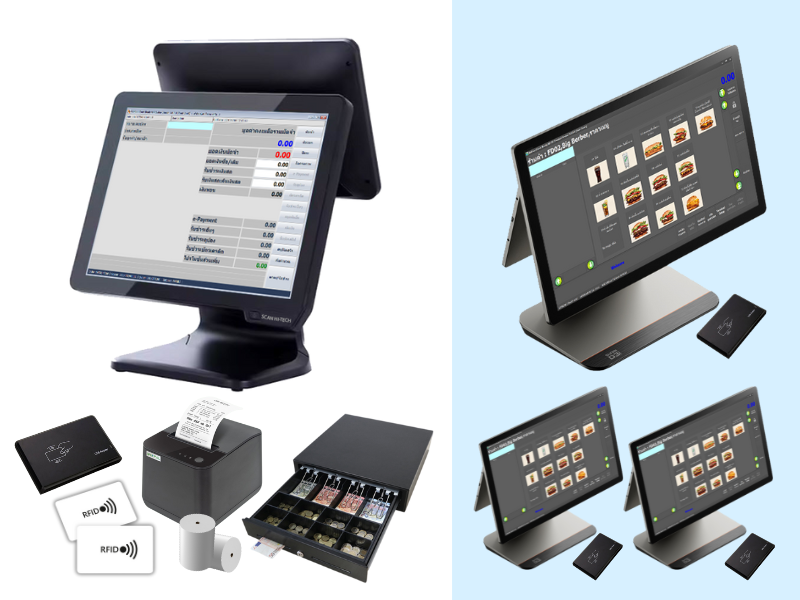 ระบบศูนย์อาหาร 1 จุดเติมเงิน ร้านค้า 3 จุด (Shop Type Sunmi Android POS 2 Display) รองรับการสแกนจ่าย QR Payment พร้อมอุปกรณ์ต่อพ่วง