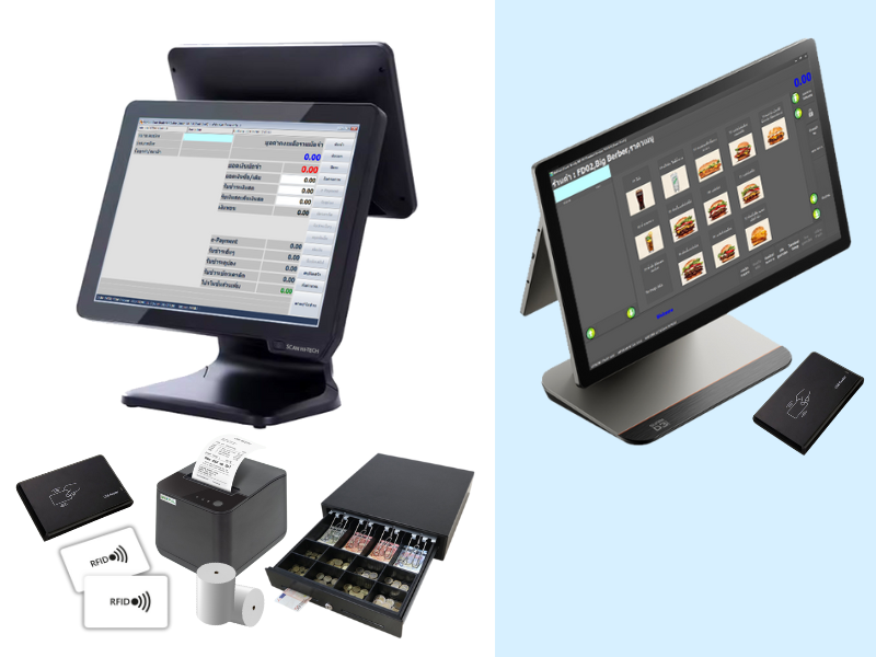 ระบบศูนย์อาหารใช้งานแบบแยกจุดเติมเงินและจุดตัดบัตร 1 จุด (Shop Type Sunmi Android POS 2 Display) รองรับการสแกนจ่าย QR Payment พร้อมอุปกรณ์ต่อพ่วง