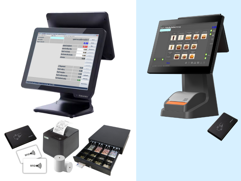 ระบบศูนย์อาหารสำหรับ 1 จุดแลกบัตร ร้านค้า 3 ร้าน (Shop Type Sunmi Android POS 2 Display+Printer) รองรับการสแกนจ่าย QR Payment พร้อมอุปกรณ์ต่อพ่วง