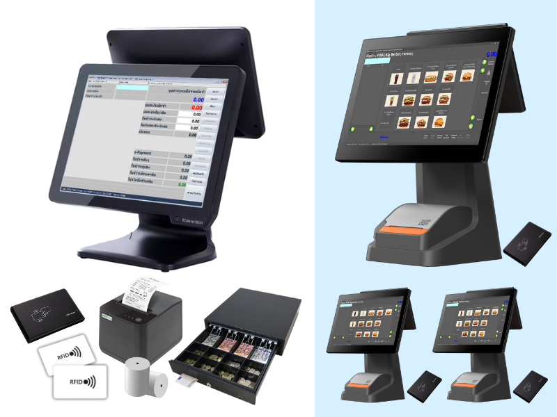 ระบบศูนย์อาหารสำหรับ 1 จุดแลกบัตร ร้านค้า 3 ร้าน (Shop Type Sunmi Android POS 2 Display+Printer) รองรับการสแกนจ่าย QR Payment พร้อมอุปกรณ์ต่อพ่วง